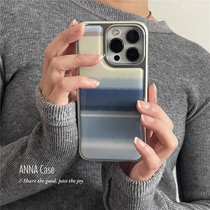 Creative Minimalist Blue Gradient Resin Casting Silver Frame Phone Case For iPhone