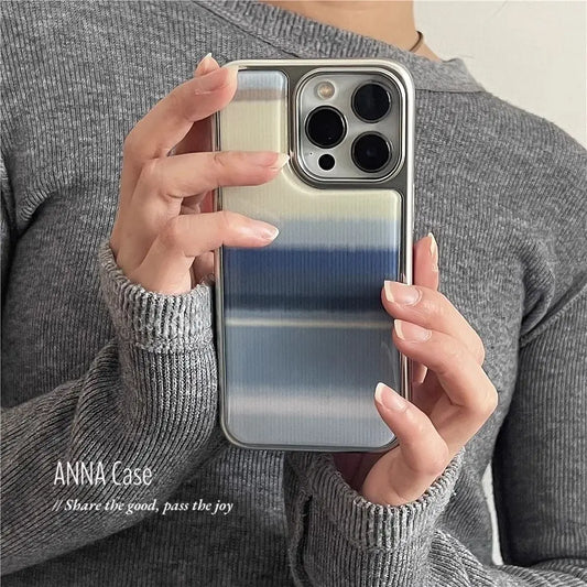Creative Minimalist Blue Gradient Resin Casting Silver Frame Phone Case For iPhone