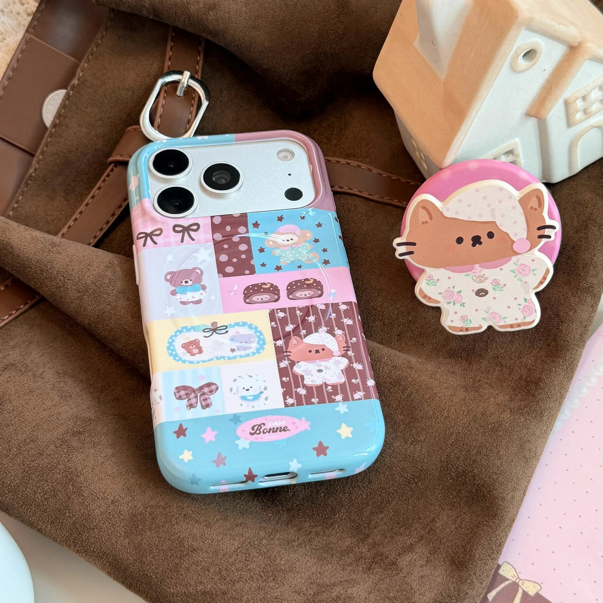 Korean Splicing Cartoon Nightwear Kitten Doll Magnetic Bracket Phone Case For iPhone