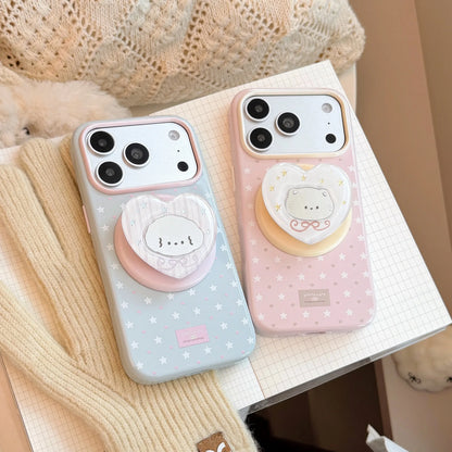 Korean Love Heart Stars Cartoon Cat Dog Mirror Magnetic Bracket Phone Case For iPhone