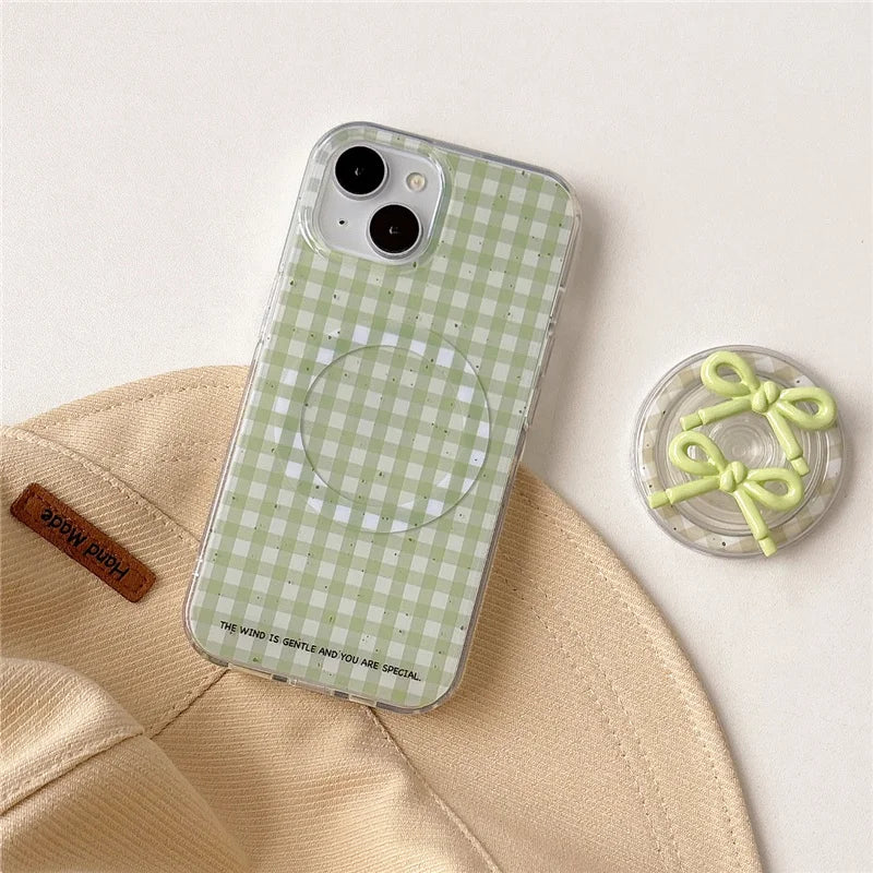 Simple Green Plaid Pattern Magnetic Phone Case