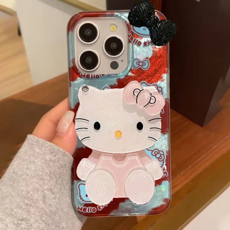 Hello Kitty Blue Brown Stripes Mirror Bow Strap Phone Case For iPhone