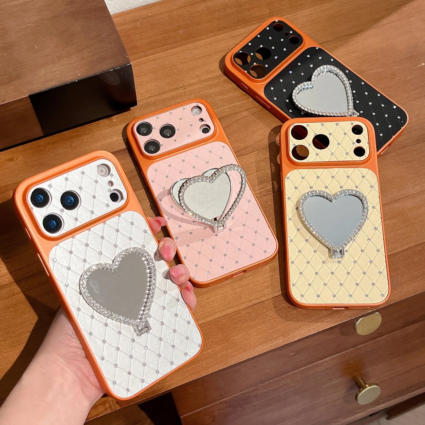 Luxury Orange Shell Makeup Mirror Phone Case with Heart Stand For iPhone