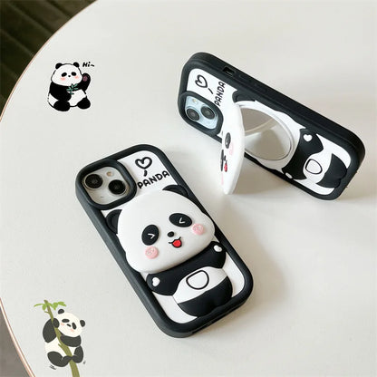 ins Cute Cartoon Panda Flip Mirror Bracket Soft Silicone Phone Case For iPhone