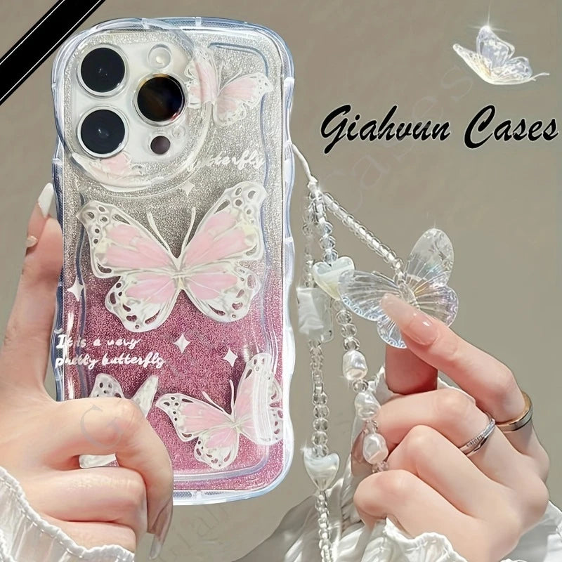 INS Butterfly Pattern Cream Wavy-Edge Phone Case For iPhone