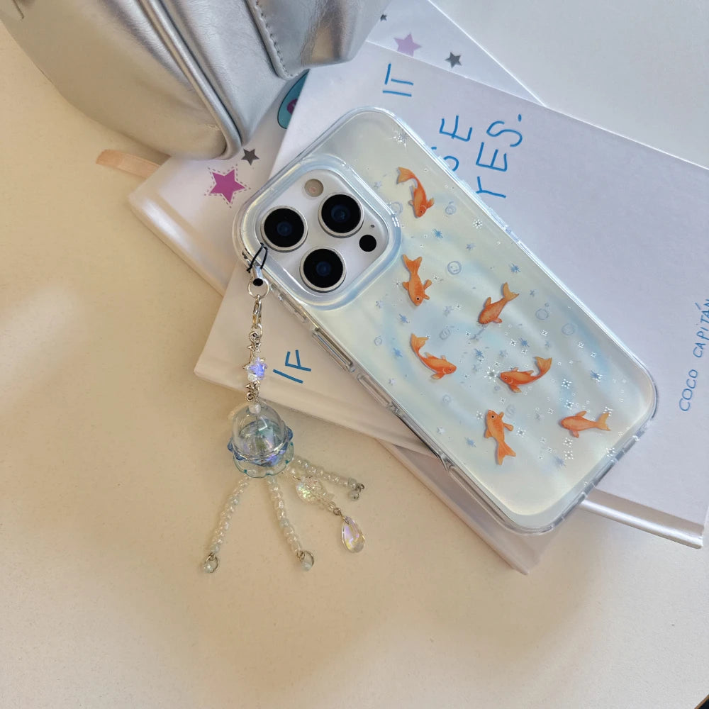Creative INS Gradient Blue Goldfish & Star Patterns with Beaded Charm Phone Case