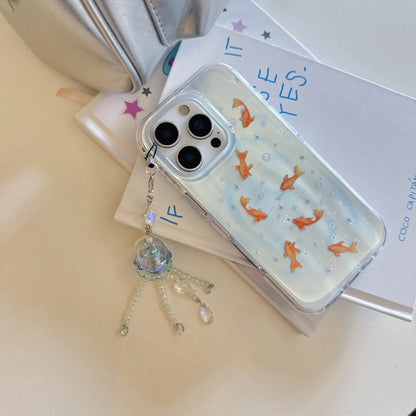 Creative INS Gradient Blue Goldfish & Star Patterns with Beaded Charm Phone Case