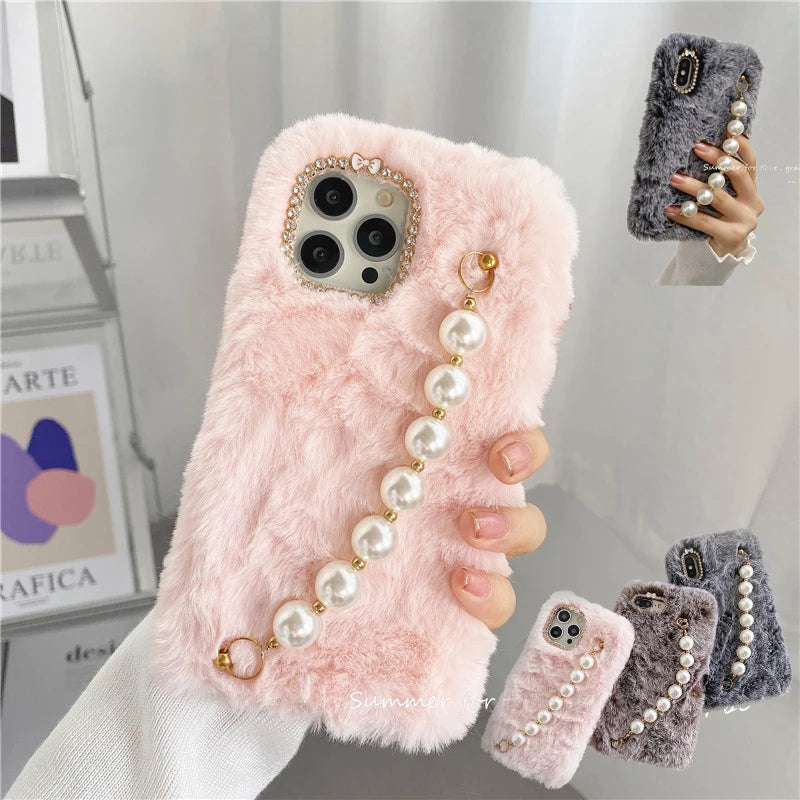 Autumn Winter Hairy Pearl Wrist Strap Phone Case For iPhone