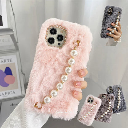 Autumn Winter Hairy Pearl Wrist Strap Phone Case For iPhone