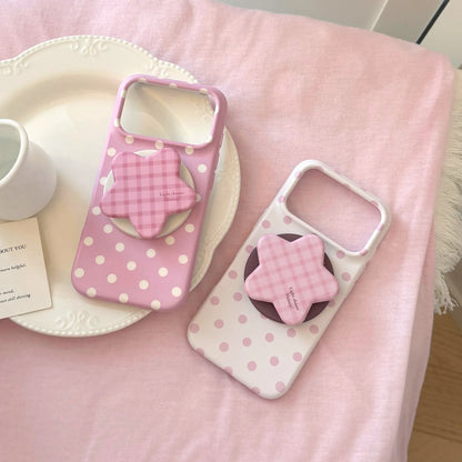 Korean Full Screen Polka Dots With Plaid Stars Magnetic Bracket Phone Case For iPhone