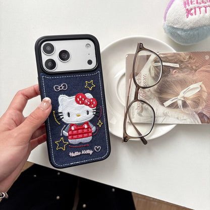 Luxury Denim Leather Pattern Cartoon Hello Kitty Case For iPhone
