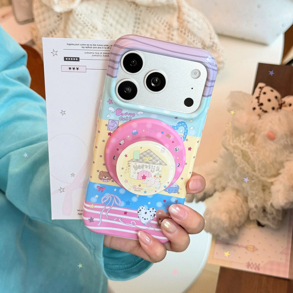 Korean Splicing Colorful Cartoon Elephant House Magnetic Bracket Phone Case For iPhone