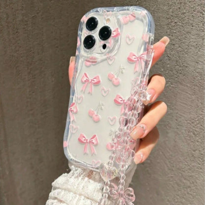 Pink Cherry Bowknot Transparent Wavy-Edge Phone Case For iPhone