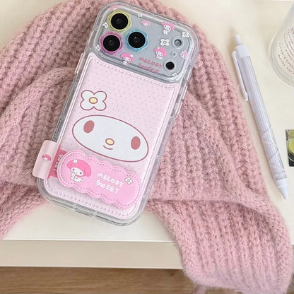 Luxury Pink Melody Holder Cute cartoon Sparkling My Melody Polka Dots Leather Phone Case For iPhone