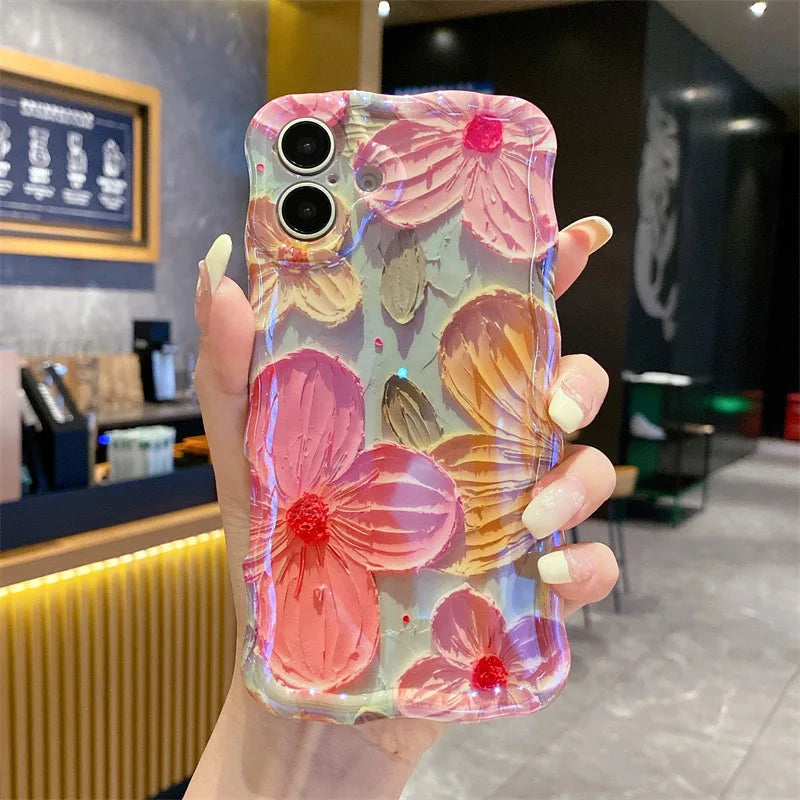 Luxury Blue Light Oil Painting Flowers Wavy Phone Case For iPhone