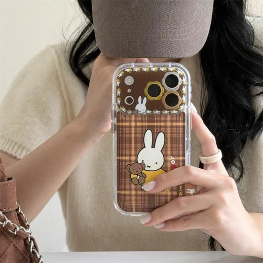 Brown Plaid Miffy Phone Case With Card Holder Bunny Bear Pattern Cute Cover For iPhone