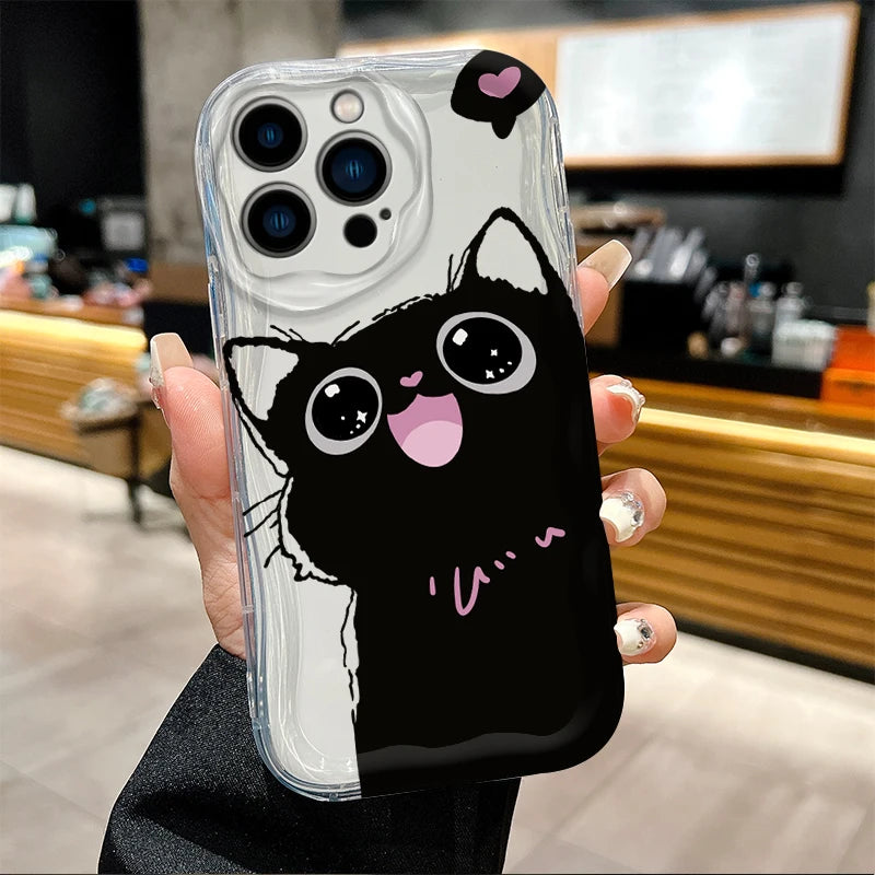 Cute Big Eyed Black Cat 3D Wave Phone Case  For iPhone