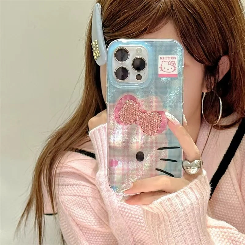 Hello Kitty Korea Grid Pattern Mirror Bow Strap Phone Case For iPhone