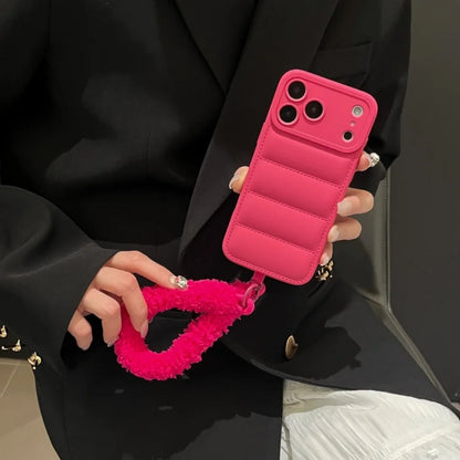Luxury Down Jacket Furry Lanyard Case For iPhone