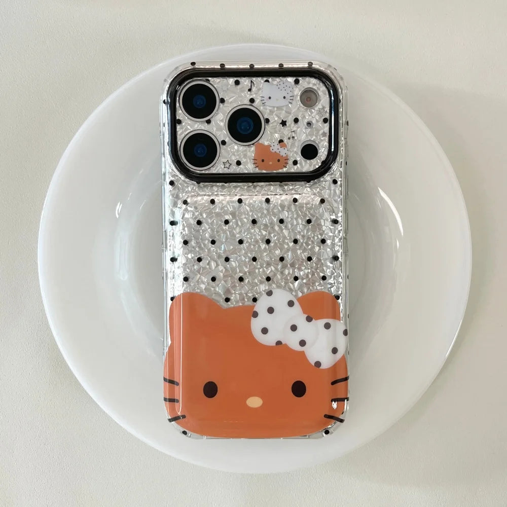 Black Polka Dot Hello Kitty Phone Case With Lanyard Shockproof Large Window Lens Protective Cover For iPhone