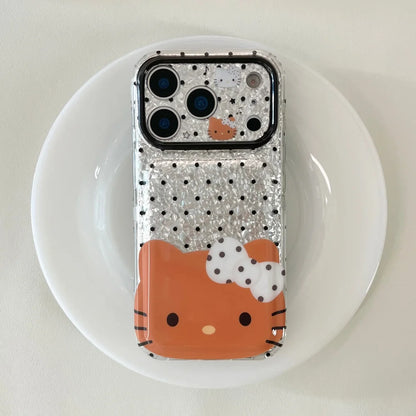 Black Polka Dot Hello Kitty Phone Case With Lanyard Shockproof Large Window Lens Protective Cover For iPhone