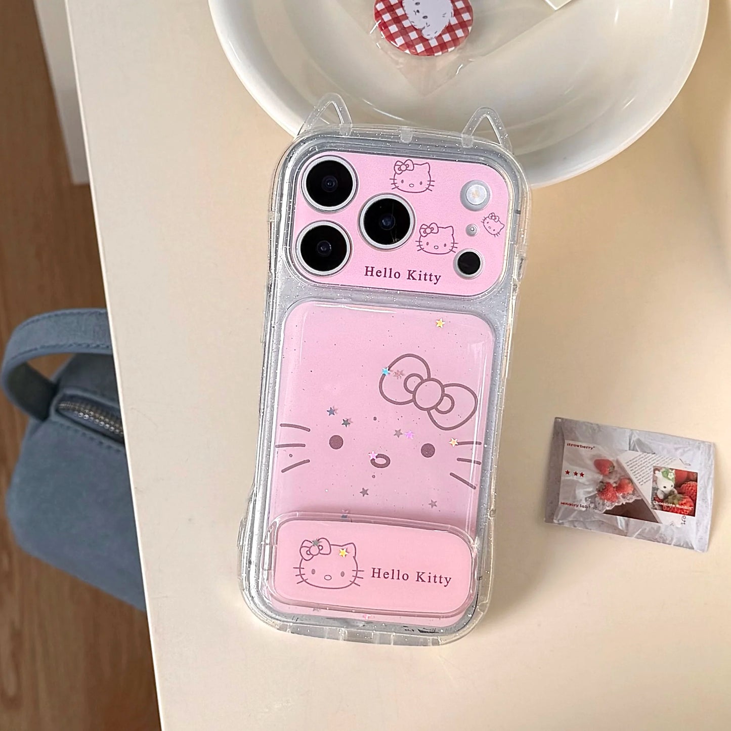 Luxury Pink Cat Ear Drop Adhesive Powder Kitty With Bracket Phone Case For iPhone