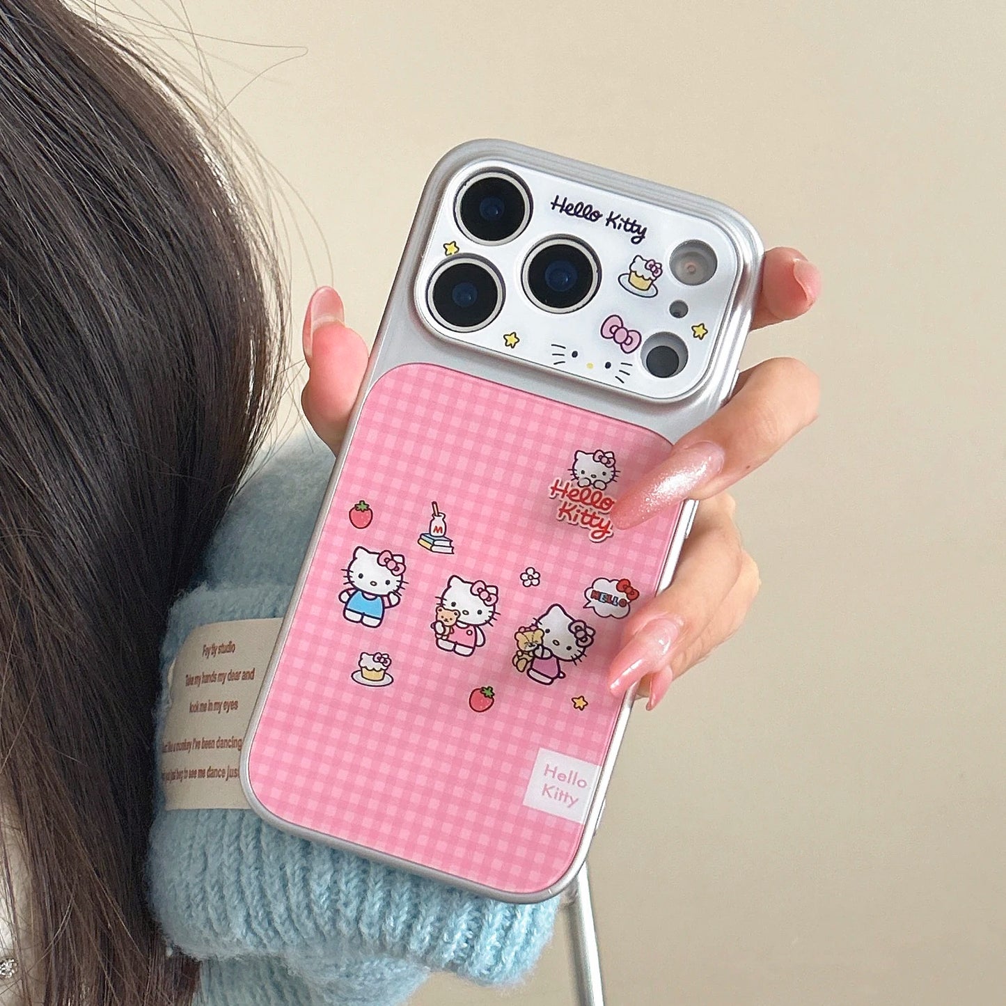 Luxury Pink Checkered Three Kitty Cats Phone Case For iPhone