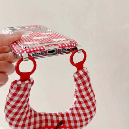 Cute Red Checkered Kitty Cat With Wristband Phone Case For iPhone