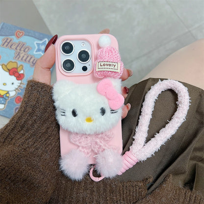 Pink Hello Kitty Fur Fluffy Cute Wrist Strap Phone Case