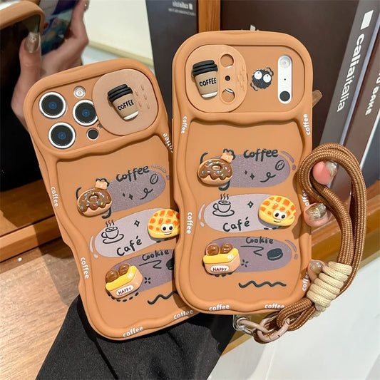 3D Cartoon Bread With Wrist Strap Wavy Phone Case For iPhone