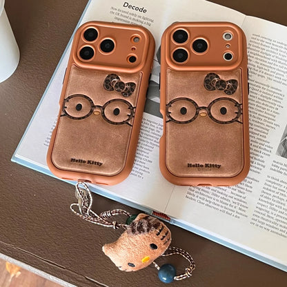 Brown Cute Leather Leopard Print Glasses Kiity Phone Case Suitable For iPhone