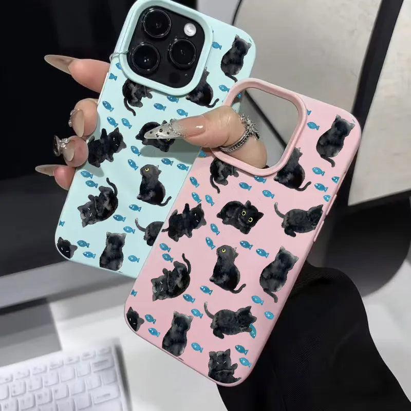 Cute Black Cat Blue Fish Pattern Silicone Phone Case For iPhone