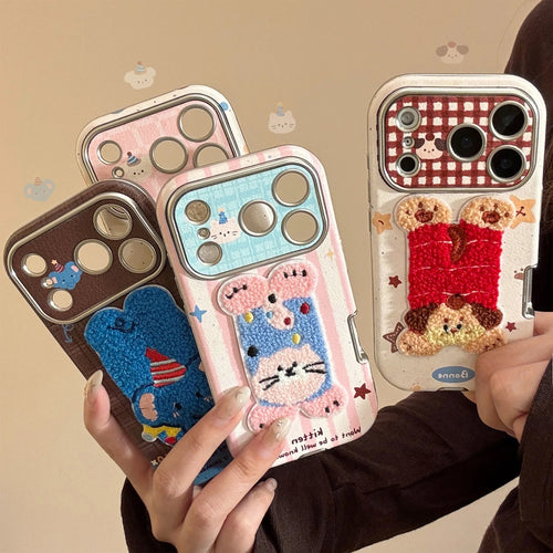 Korean Cartoon Embroidery Plush Animals Leather Texture Phone Case For iPhone