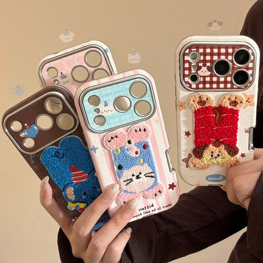 Korean Cartoon Embroidery Plush Animals Leather Texture Phone Case For iPhone