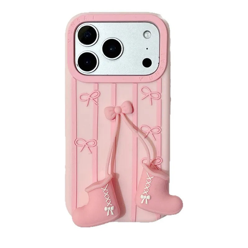 3D Cartoon Pink Boots Bowknot Pendant Striped Phone Case For  iPhone