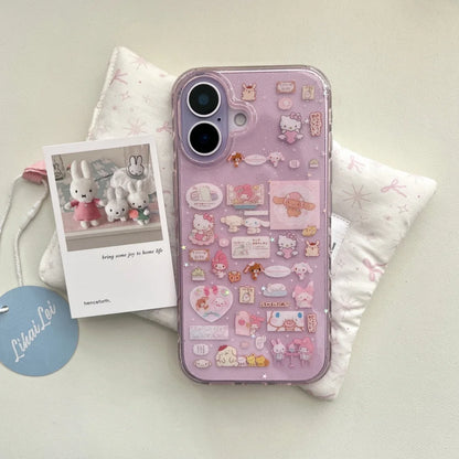 Cute Transparent Pink Kitty Stickers Phone Case For iPhone
