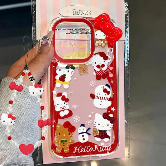 Winter Snowman Hello Kitty Bow Strap Cartoon Phone Case For iPhone