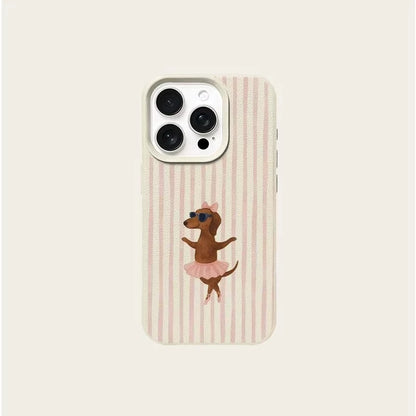 Striped Ballet Sausage Dog Pattern Lychee Texture Phone Case For iPhone