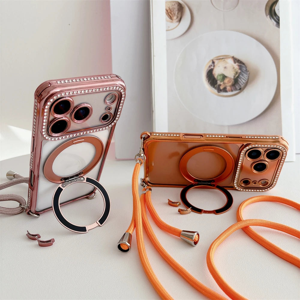 Flash Diamond Necklace Cord Rope Lanyard Plating Magnetic Clear Bracket Case For iPhone