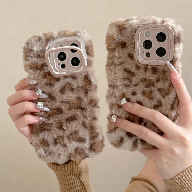 Ins New Fluffy Plush Leopard Print Winter Phone Case For iPhone