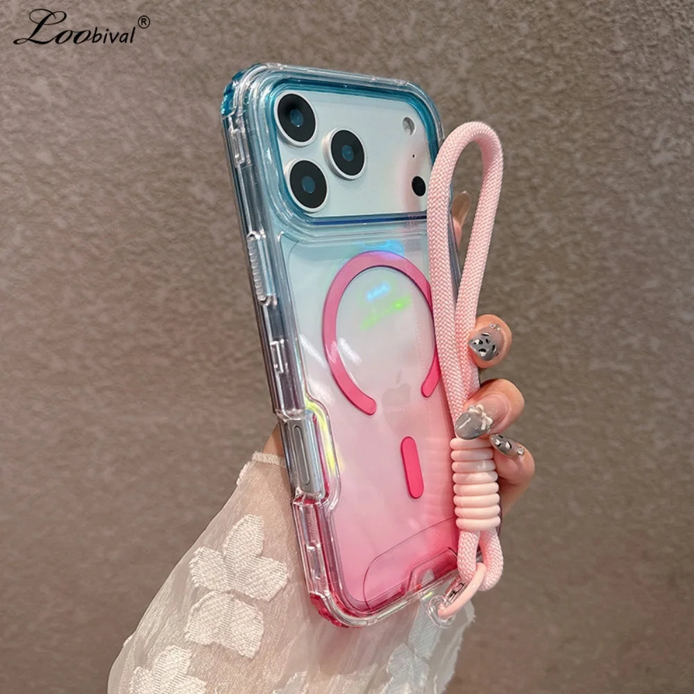 For Magsafe Gradient Double Color Lanyard Case For iPhone