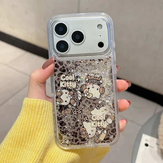 Cute IMD Leopard Print Quicksand Kitty Phone Case For iPhone