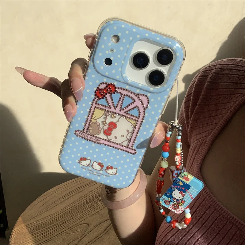 Korean Blue Polka Dot Cute Kitty Phone Case For iPhone