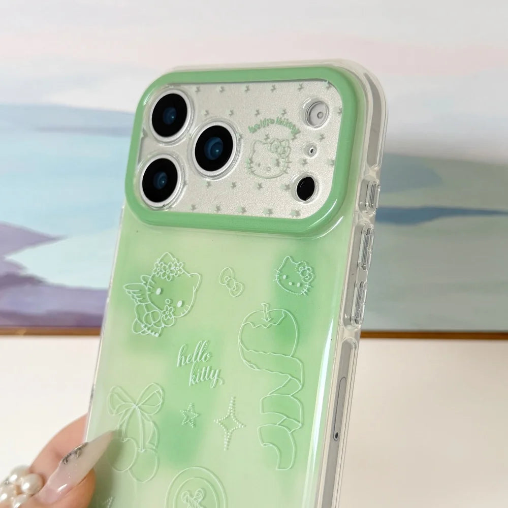Korean Cute IMD Double Layer Green Line Kitty Phone Case For iPhone