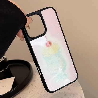 Korean Black Frame Glitter Cherry Juice Cup Phone Case For iPhone