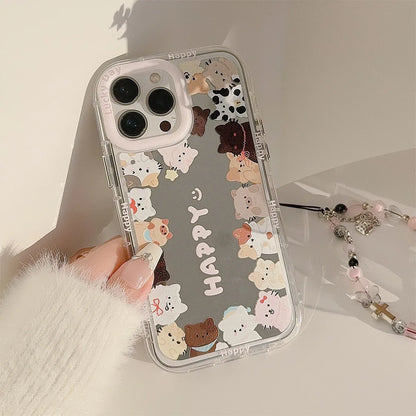 Korean Make Up Mirror Cartoon Kitten Phone Case Lanyard For iPhone