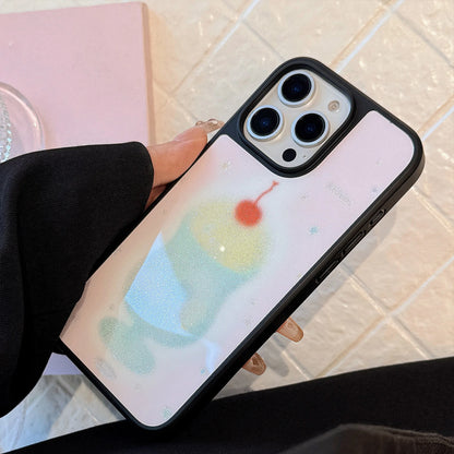 Korean Black Frame Glitter Cherry Juice Cup Phone Case For iPhone