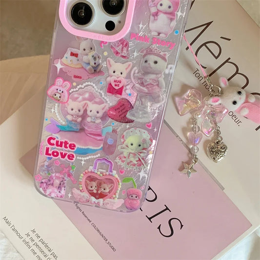 Luxury Laser Rainbow Cute Pink Heart Love Cat Cartoon Phone Case