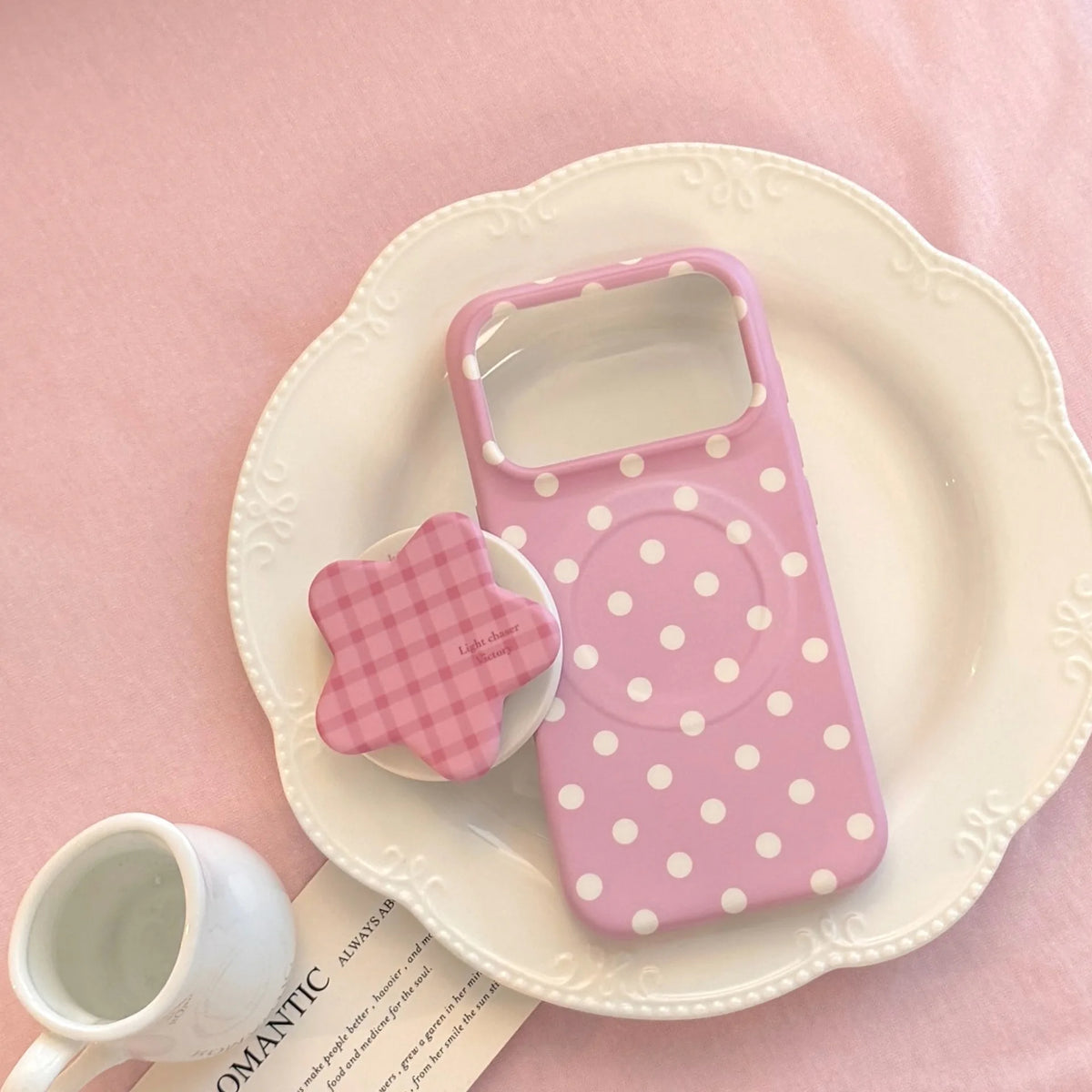 Korean Full Screen Polka Dots With Plaid Stars Magnetic Bracket Phone Case For iPhone