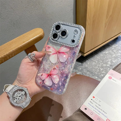 Luxury Diamond Sequins Pink Butterfly Phone Case For iPhone